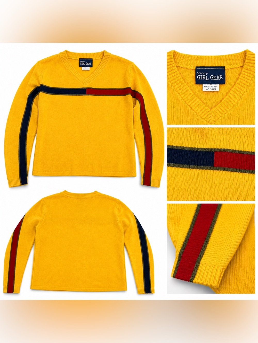 Vanity Girl Gear Yellow V-Neck Sweater Women’s Large – Stripe Sleeve Retro Look
